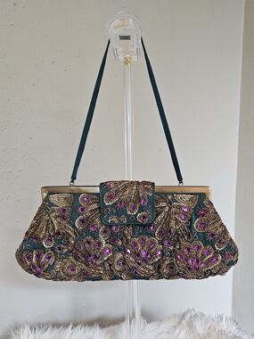 Vintage Santi Teal Satin Purple & Gold Beaded Evening Clutch Bag Fairycore